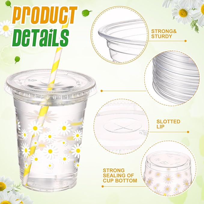 Yungyan 50 Sets Daisy Groovy Plastic Cups with Lids and Straws 16 oz Coffee Juice Drinking Cups for Daisy Party Decoration Summer Birthday Baby Shower Party Supplies