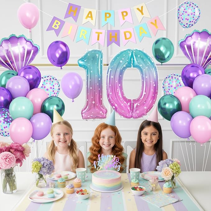 10th Mermaid Birthday Decoration,Metallic Purple Pink Green Blue Latex Balloons for Girls Party Decoration Number 10 Seashell Foil Balloons Banner Cake Topper Sea Decorations for 10 Year Old