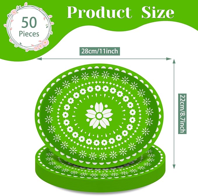 50 Count Fiesta Party Oval Paper Plates, Mexican Cinco De Mayo Large 11in Platters Tableware Supplies Disposable Dinner Plates for Mexican Taco Carnival Papel Picado Party Dinnerware Table Decorations