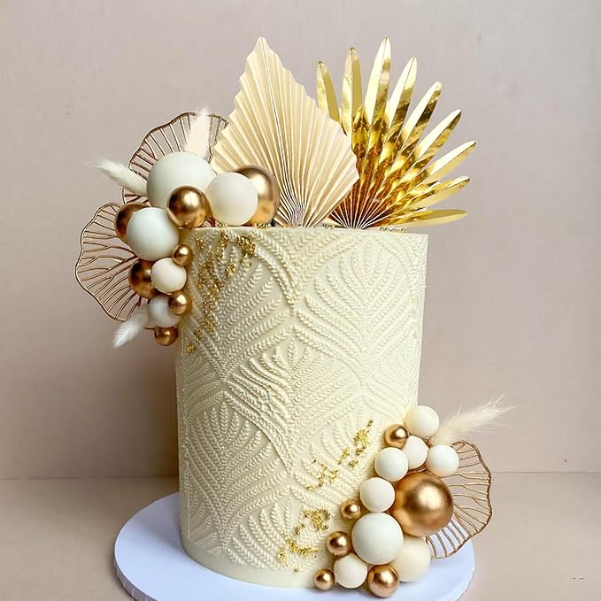 38 PCS Balls Cake Toppers Palm Leaves Cake Decorations for Birthday Wedding Baby Shower Party Supplies (White)