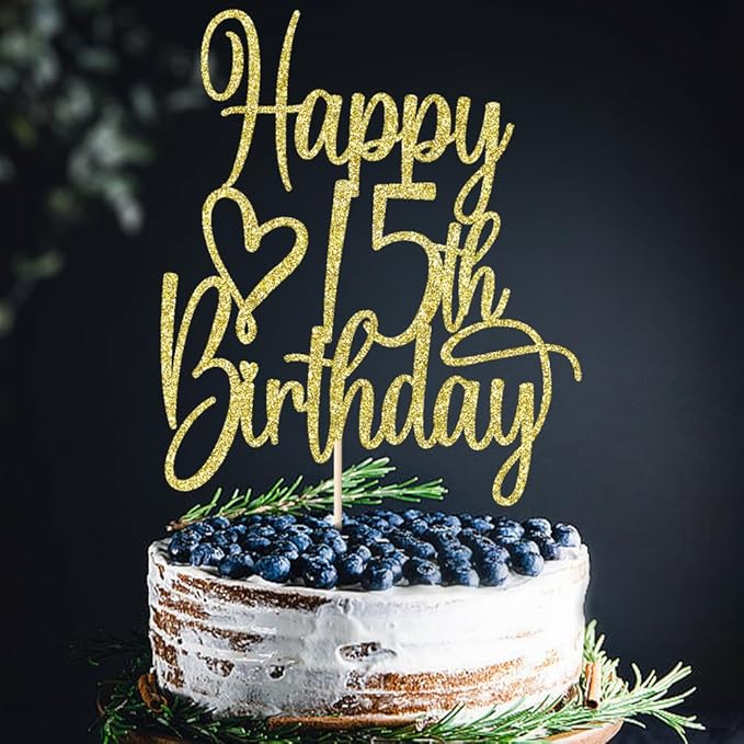 Gold Glitter Happy 15th Birthday Cake Topper - Cheers to 15 Years Cake Topper, 15 & Fabulous Cake Decoration for Hello 15th Birthday Anniversary Party Cake Decorations Supplies