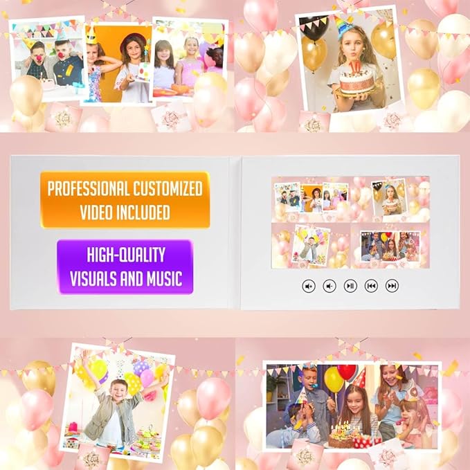 Create Your Own Kids Birthday Video Card – Personalized Slideshow Gift with Photos – 7” Digital Display, 256MB Memory, Long-Lasting Rechargeable Battery, USB Charging