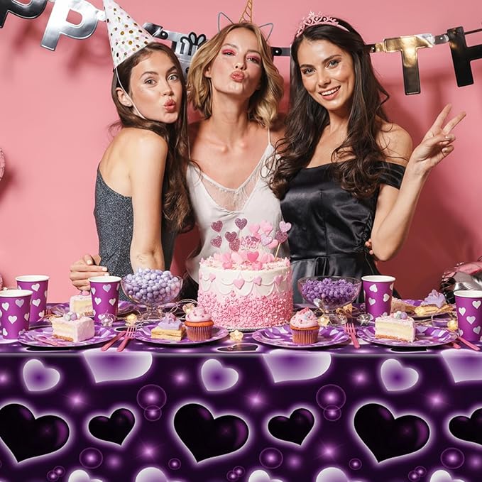 Tudomro 3 Pack 2000s Tablecloth Decoration 54 x 108 Inches Cholo Party Table Cover Y2k Party Decoration Heart Disposable Kpop Table Cloth for Birthday Supplies(Purple)