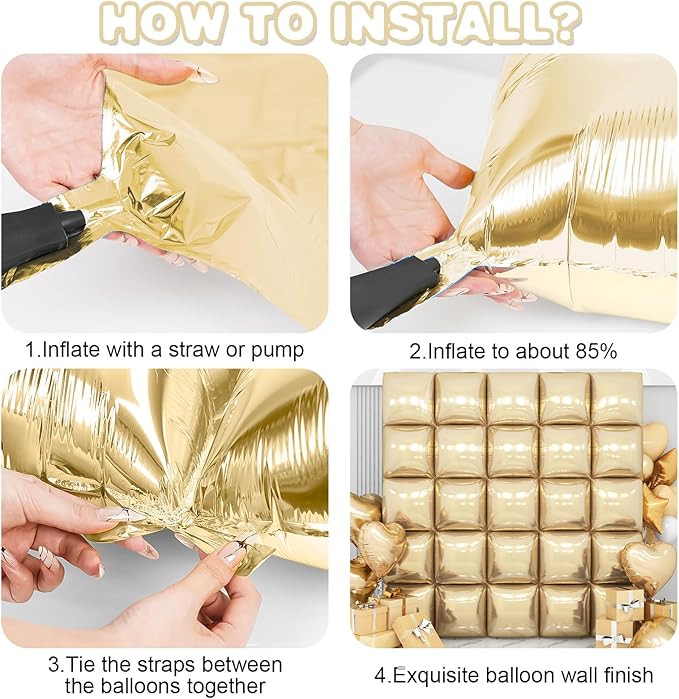 Champagne Gold Square Foil Balloon Wall,25Pcs Double Sided Foil Balloons Backdrop Helium Polyester Tunnel Arch Garland Kit for Birthday Bridal Anniversary Baby Shower Party Decorations