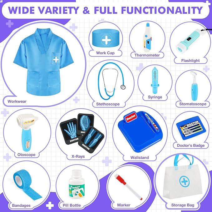 Doctor Kit for Kids, 17 Pcs Medical Play Set with Bag and Dress Up Costume for Toddlers 3-5, Pretend Play Toys for Kids Boys and Girls, Halloween Christmas Birthday Gifts