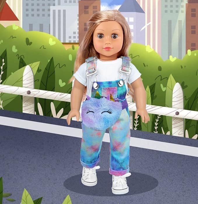 ZITA ELEMENT 7 Pcs American 18 Inch Doll Clothes and Accessories - 18 Inch Doll Clothes Set with Backpack, Waist Bag, Cell Phone, Tablet, Camera