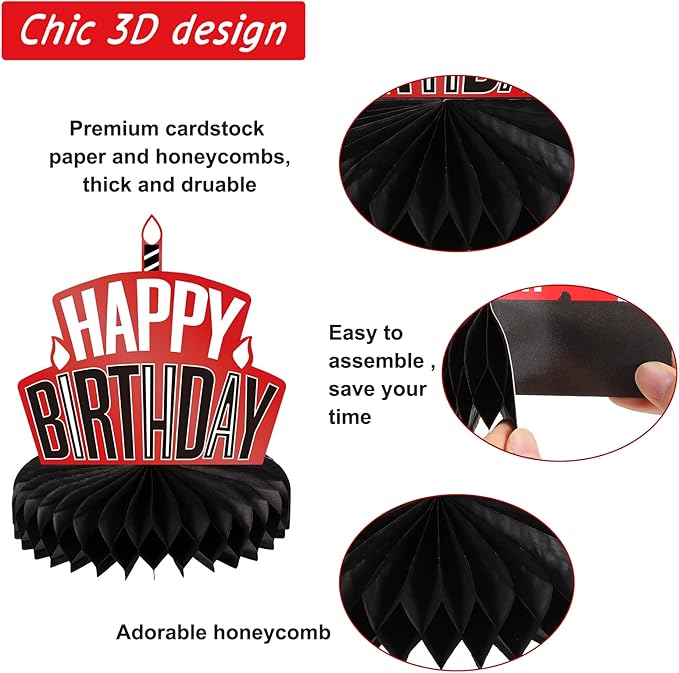 Pajean 8 Pieces Red and Black Birthday Party Honeycomb Centerpieces Red Black Table Centerpieces Decorations Table Centerpiece Sign for Kids Adults Party Supplies