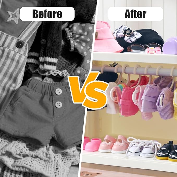 Foldable Doll Wardrobe Closet Storage Box Compatible with Labubu Clothes with 15 Hangers & Rod - Stackable Organizer Cabinet for 15/17cm Doll Clothes with Dust-Resistant Cover and Display Shelf