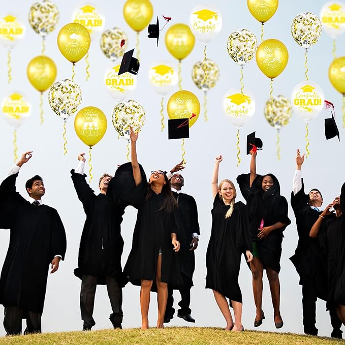 Whaline 60Pcs Graduation Party Balloon Set 7 Designs Confetti Latex Balloon with 2 Rolls Ribbon Class of 2025 Grad Cap Congrats Grad Balloon for Graduation Party Decoration Supplies (Yellow, White)