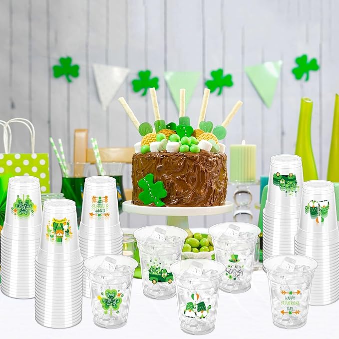 100 Pcs St. Patrick's Day Party Cups,12 oz St. Patrick Disposable Clear Plastic Cups Irish Green St Patrick's Day Party Lucky Clover Cups for St. Patrick Irish Birthday Party Irish Party Supplies