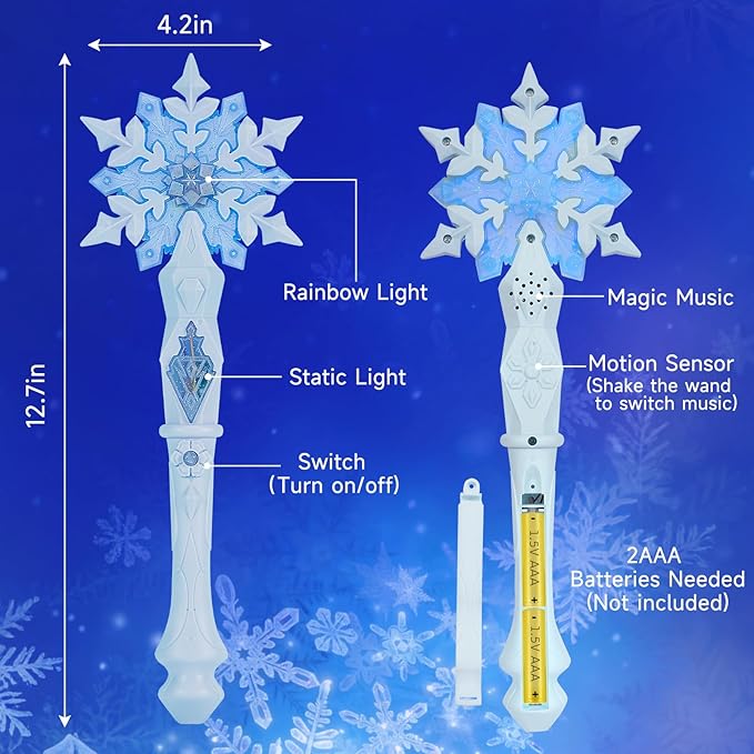 KingGlee Light Up Snowflake Wand with Music, Motion Sensitive Magic Princess Toy Wands for Kids Girls Birthday Roleplay Party Favor 2 Pack, Blue
