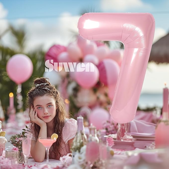SUWEN 40 Inch Pink Large 7 Number Balloons Big Foil Helium Number Balloons 0-9 Jumbo Happy 7th Mylar Birthday Party Decorations for Girl Anniversary Party Supplies