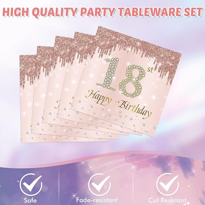 41Pcs 18th Birthday Decorations for Girls Her,Awesome Since 2008 Birthday Tableware Kit,Rose Gold Birthday Party Supplies Include Paper Plates and Napkins ,Tablecloth Set for Teen Princess Party