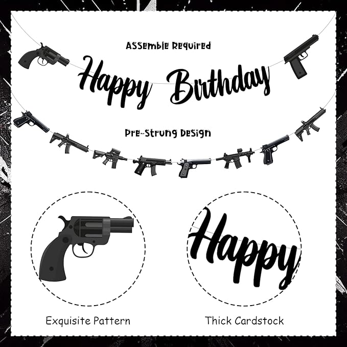 Jollyboom Gun Birthday Party Decorations, Military Nerf Gun Theme Happy Birthday Banner & Pistol Shooting Garland Set Easy Assembly, Paper Material for Boys' Indoor Outdoor Bday Party Supplies