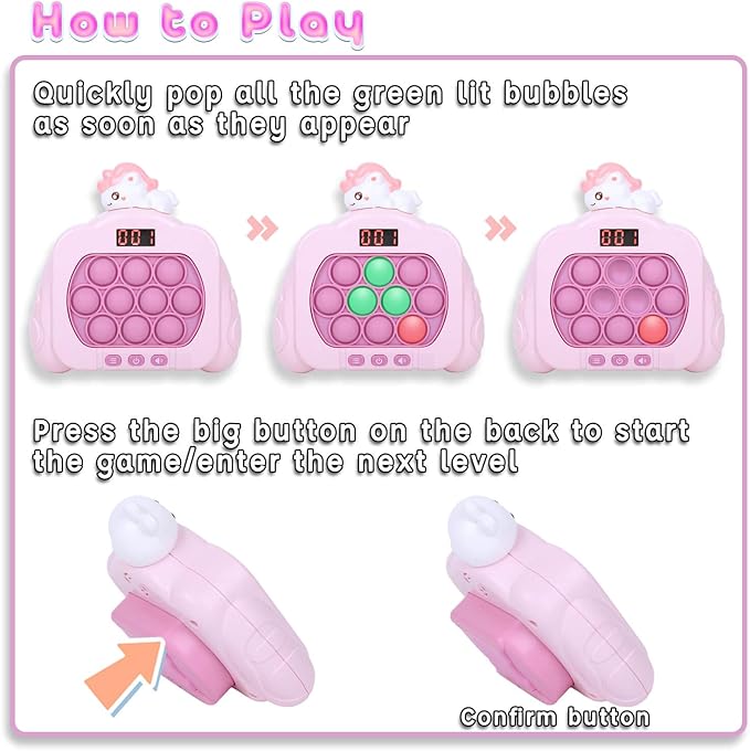 Quick Push Pop Game Fidget Toys, 12 Modes LED Screen Light Up Fast Push Bubble Game, Handheld Speed Pushing Game, Christmas Toys Gifts for 6 7 8 9 10 11 12 Years Old Kids Stocking Stuffers (Unicorn)