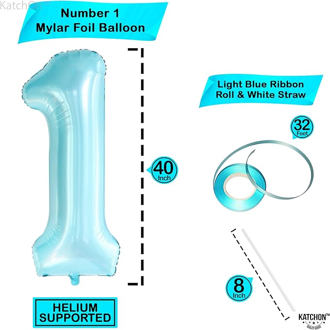 KatchOn, Light Blue 1 Balloon Number - 40 Inch | Blue One Balloon for First Birthday | Number 1 Balloons for 1st Birthday Decorations Boy | 1st Number Balloons For Baby Shower, Anniversary Decorations