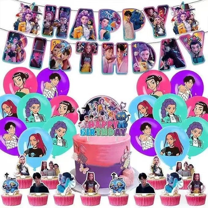 32Pcs Demon Movie Hunters Birthday Party Supplies, Party Decorations Set Include Banner, Balloons, Hanging Swirls, Cake Cupcake Toppers, Tablecloth for Boys Girls Demon Hunters Theme Party.
