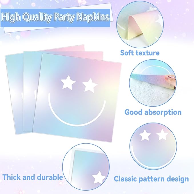 96Pcs Iridescent Party Supplies Smile Face Paper Plates Napkins Holographic Foil Laser Party Tableware Set Holographic Dinnerware for Birthday Baby Shower Decoration Serve 24
