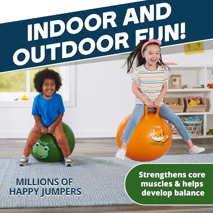 Flybar Hopper Ball for Kids, Inflatable Bouncy Ride-On Ball w/ Handle for Indoor & Outdoor Active Play, Includes Pump, Jump Ball Toy for Boys & Girls, Supports Up to 165 lbs, Ages 3+, 18-Inch, Small