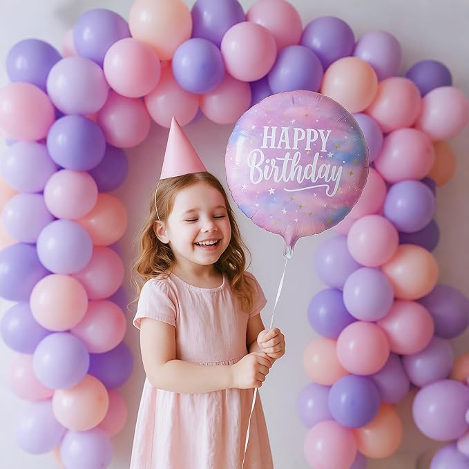 18 Inch Happy Birthday Foil Balloons, 4Pcs Pastel Pink Purple Blue Cloud Helium Mylar Round Birthday Balloons with Stars for Teen Girl Women Outer Space Starry Galaxy Baby Shower Party Decorations