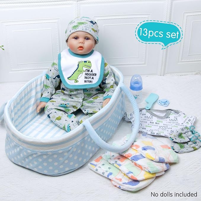 13 Pcs Reborn Baby Doll Clothes Dinosaur for 17-22 Inch Reborn Dolls Accessories Bodysuits +Bassinet+ Diaper Newborn Baby Doll Clothes Boy