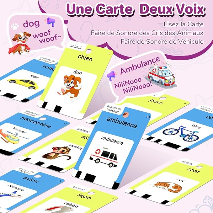 French and English Talking Flash Cards for Toddlers 1 2 3 4 5 6 Year Olds, 420 Sight Words, Montessori Learning Toys, Pocket Speech Therapy Toys, Sensory Preschool Educational Birthday