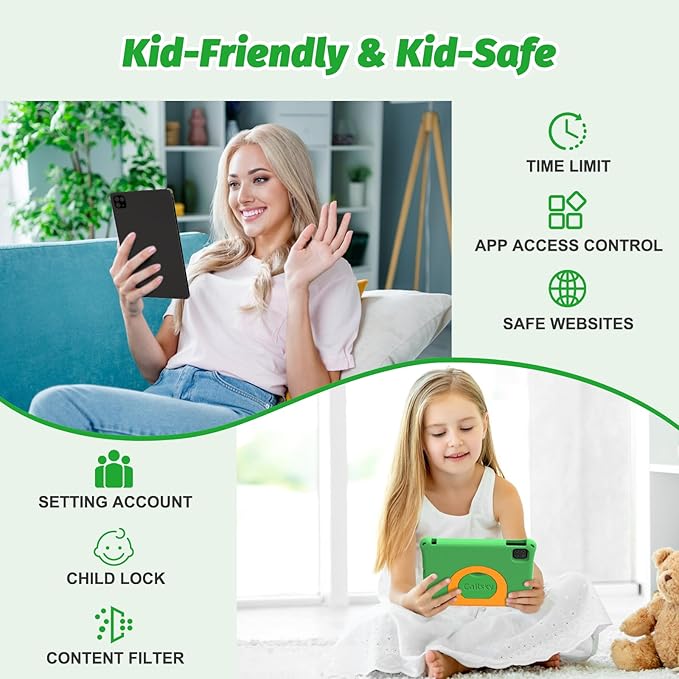 Kids Tablet 11 Inch, Android Tablet with 2 Years Protection, 12GB+128GB, 8000mAh, with EVA Case, Parental Control, Pre-installed Educational APP, WiFi 6, Dual Camera, Quad Speakers, Green