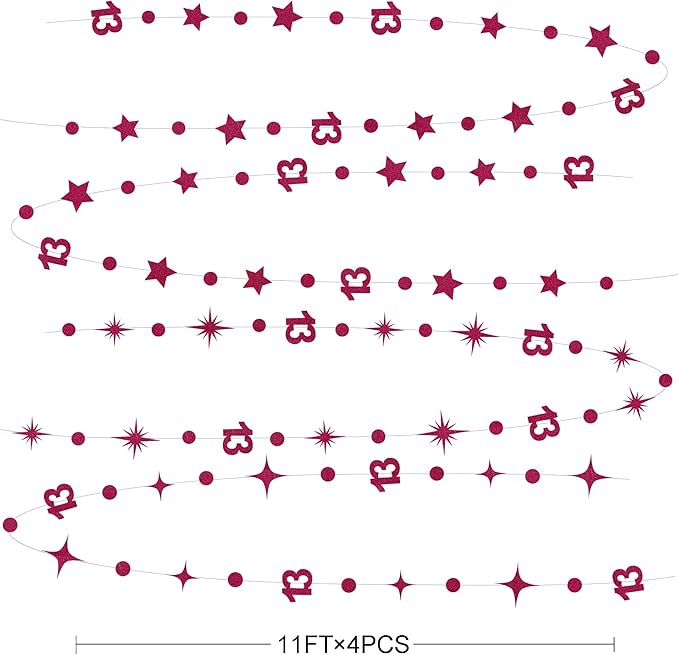 Burgundy 13th Birthday Decorations Number 13 Circle Dot Star Garland Glitter Streamer Banner Backdrop for Girls Boys Official Teenager Cheers to 13 Years Old Birthday 13th Anniversary Party Supplies