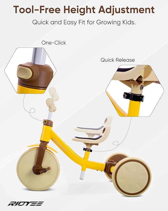 4-in-1 Toddler Tricycle for Ages 18 Months to 3 Years, Tool-Free Mode Switch, Tricycle for Toddlers 1.5-3 with One-Click Height Adjustment, Kids Trike and Balance Bike for 2 Years, Yellow