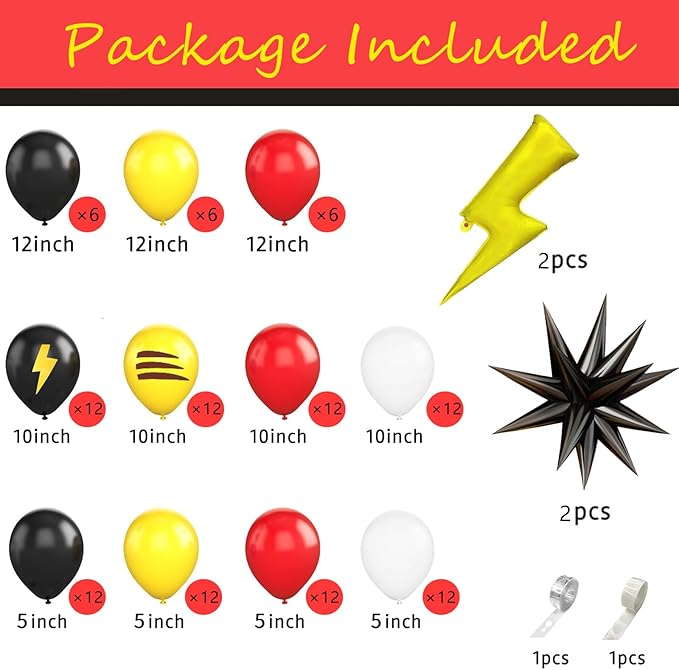 120 Pcs Red Black Yellow balloon garland Arch Kit, Lightning Print Balloons for Cartoon Ball Themed Birthday Party Decorations Boys Girls Gatherings Party Supplies