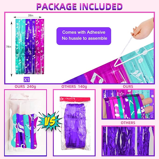 Demon Movie Hunters Birthday Party Decoration, 1 Pack Demon Movie Hunters Party Backdrop Photo Booth Prop, Pop Music Notes Print Fringe Curtains Tinsel Photo Streamers for Hunter Theme Party Supplies