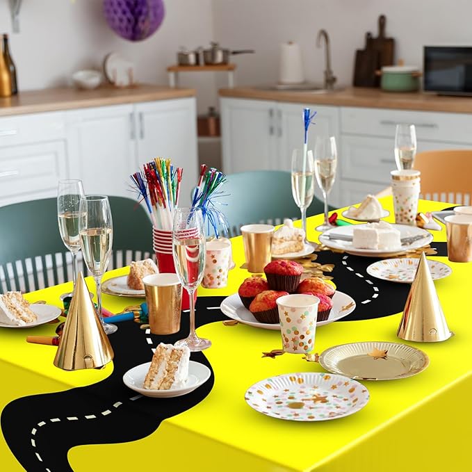 Irenare 3 Pcs Racing Table Cloths Car Birthday Party Supplies 54 x 108 Inch Racetrack Table Runner Covers Disposable Rectangular Road Tablecloth for Kids Boy Car Theme Birthday Party Decor (Yellow)