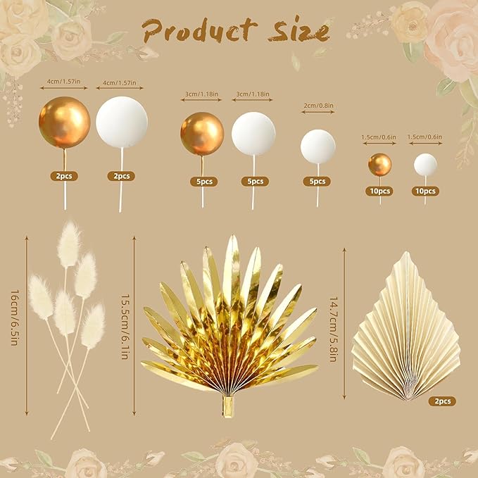38 PCS Balls Cake Toppers Palm Leaves Cake Decorations for Birthday Wedding Baby Shower Party Supplies (White)