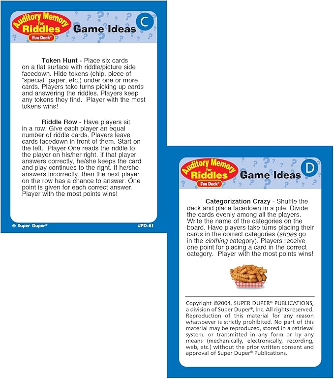 Super Duper Publications | Auditory Memory for Riddles Fun Deck | Listening Comprehension Flash Cards | Educational Learning Materials for Children