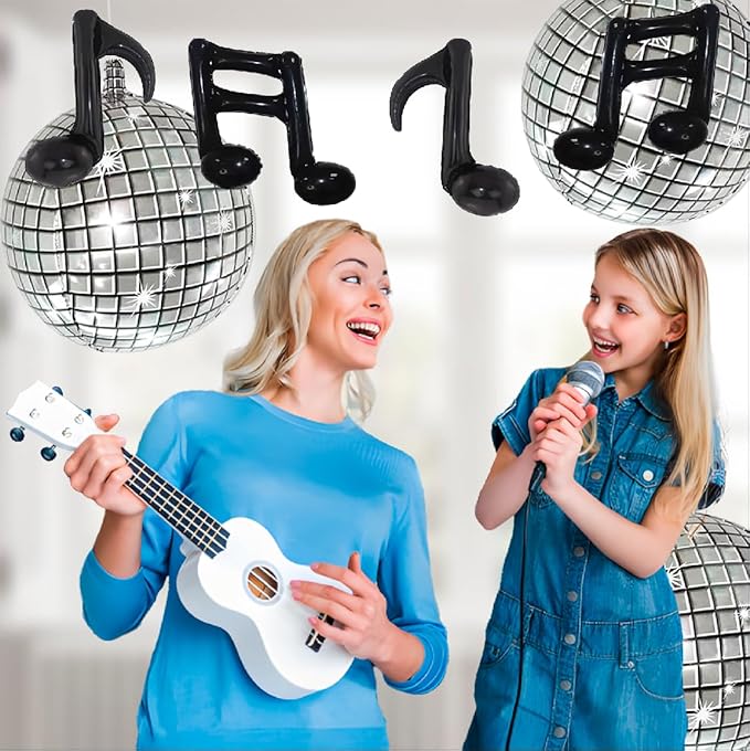 FBQ 18 Inch Silver Disco Balloon Black Music Note Balloons Music Themed 70s 80s 90s Band Party Decorations Supplies