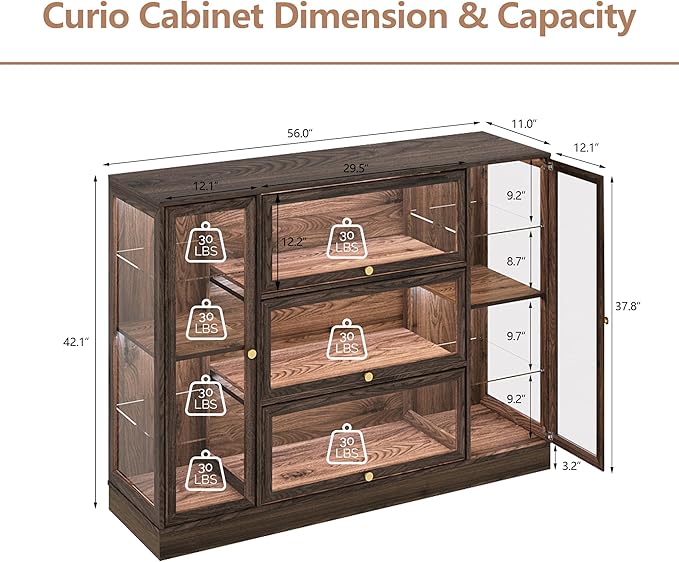 Display Cabinet with Acrylic Glass Doors,Extra Wide Curio Cabinet with LED Lighting for Collectibles, Collectibles Toy Organizers Rack & Display Shelf Display Case, Walnut