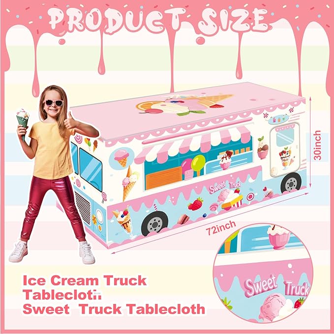 Oudain 6 ft Ice Cream Tablecloth Ice Cream Social Party Supplies Summer Decoration Sweet Dessert Cart Tablecloth 72 x 30 Inch Rectangle Table Cover for Birthday Baby Shower Party Supplies