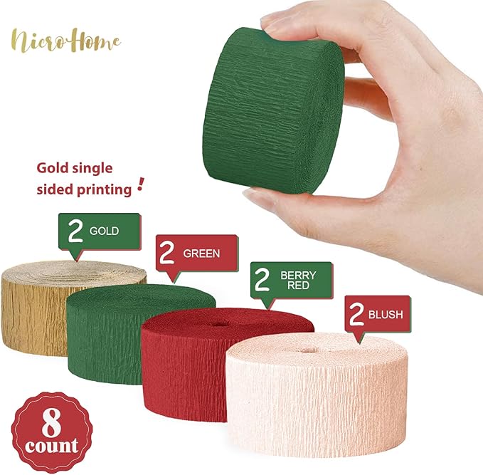 NICROHOME EUR Christmas Decorations, 8 Rolls Christmas Green Red Gold Crepe Paper Streamers for Xmas Birthday Party Wedding Baby Shower Party Decorations, 1.8 Inch x 82 Ft/Roll