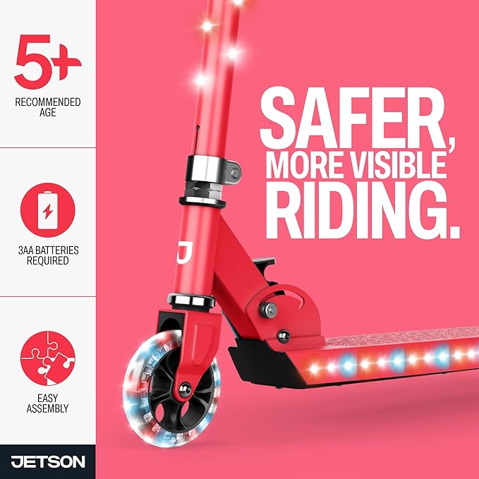 Jetson Jupiter Kids 2-Wheel Light-Up Kick Scooter, LED Lights on Handlebar, Stem, Wheels & Deck, Adjustable Handlebar, Rear Brake, Easy-Folding Mechanism, Ages 5+