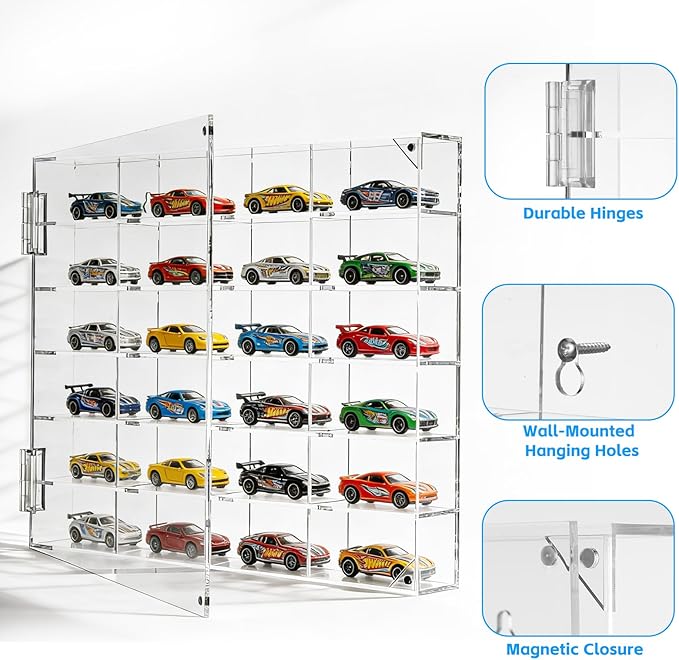 Acrylic Display Case for Hot Wheels 1/64 Scale, 24 Slots Toy Car Display Organizer Wall Mount or Desktop Diecast Model Car Showcase for Matchbox Storage Clear Collectible Model Storage