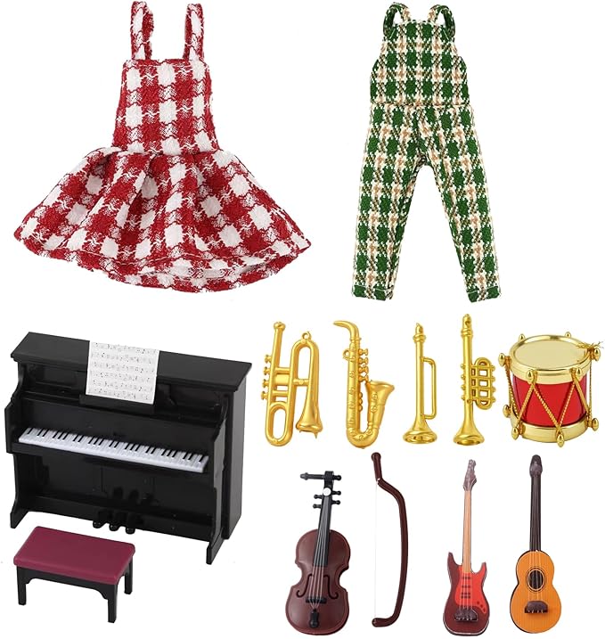 Christmas Elf Doll Accessories Set - 14Pcs Elf Doll Music Accessories Include Formal Dress,Piano and Guitar Instrument Set for Elf Dollhouse,Xmas Elf Clothes and Toy Accessories