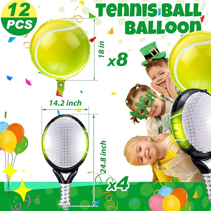 12 Pieces 18 Inch/25 Inch Tennis Balloons, Racket Balloons, Tennis Party Decorations, Foil Racket Large Balloon for Sports Themed Birthday Decorations Supplies