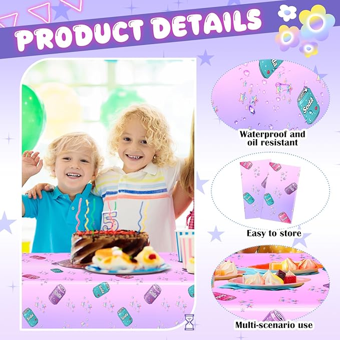 2 Pcs Birthday Party Decorations Plastic Cute Birthday Tablecloth 108 x 54 Inches Disposable Rectangle Tablecover for Boys Girls Kids Baby Shower Party Supplies (Soda Bottle)