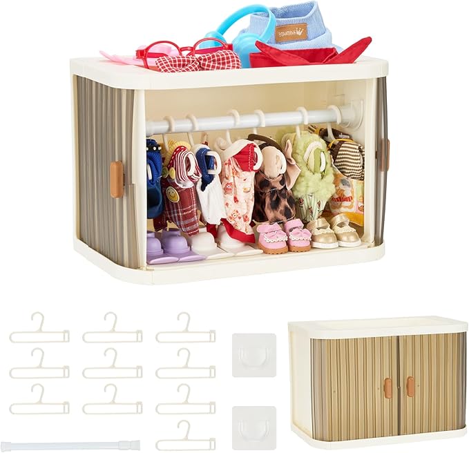 Foldable Doll Wardrobe Closet Compatible with Labubu Clothes – Stackable Storage Box with 10 Hangers, Rod & Display Shelf for 15/17cm Doll Outfits (Translucent)