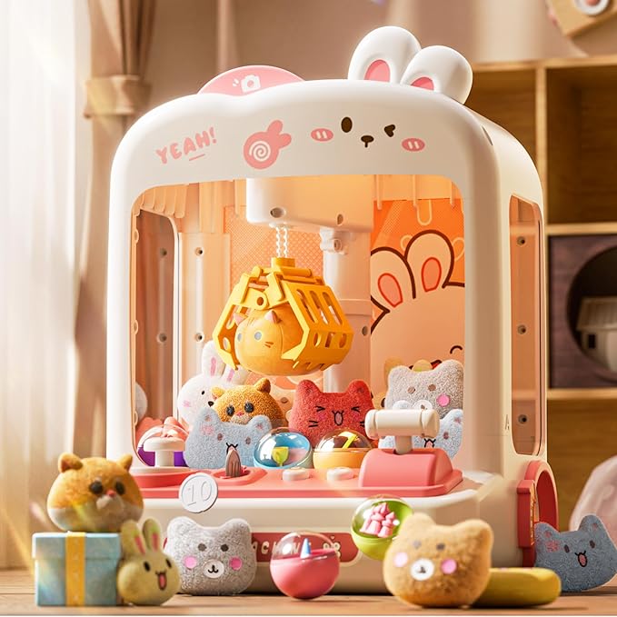 55 PCS Mini Claw Machine for Kids Bunny, Vending Machine with Lights Sound, Electronic Prize Dispenser for Kids Girls, Claw Toys Game Gifts for 4 5 6 7 8 Years Old Girls Boys