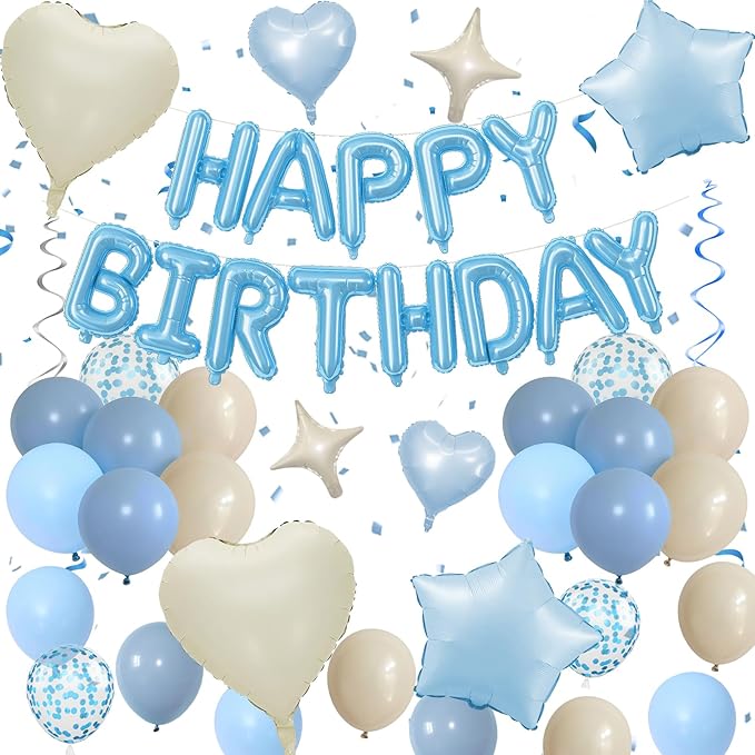 Dusty Blue Birthday Decorations for Boys Fog Baby Light Baby Blue Sand White Balloons Confetti Party Balloon Happy Birthday Banner Heart Balloons 18/10 Inch Star Balloon for Men Bday Party Supplies