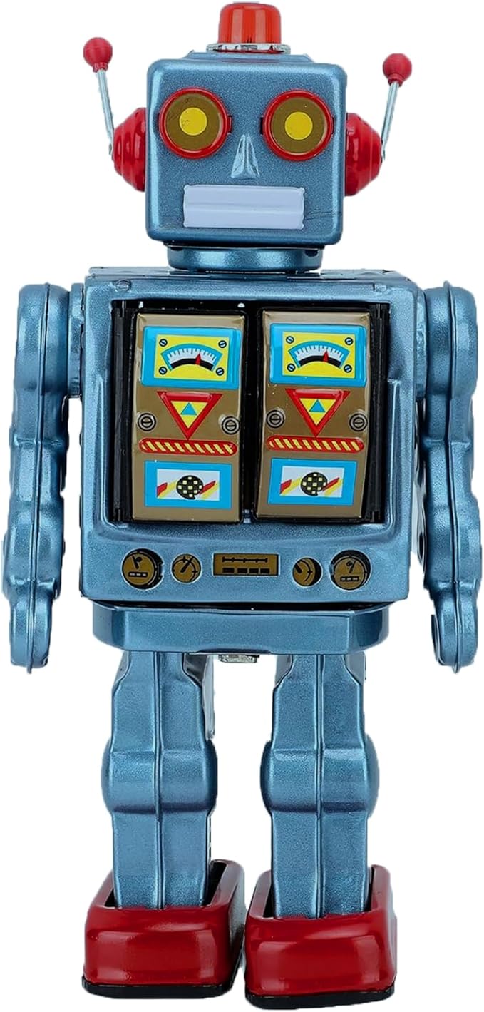 Charmgle Retro Tin Toys Walking Robot, Electric Rotating Desk Robot with Gun Fire Sound, Adult Collection Birthday Gifts Party Favor Handmade Robots Blue