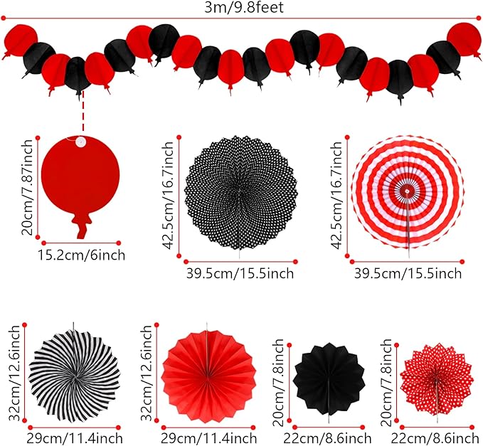 Red and Black Party Decorations, Papar Fans Pompoms Fans Garlands for Birthday Wedding Graduation Game Night Boy Girl Party Decorations