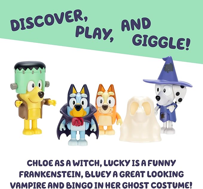 Bluey Halloween Figures Pack of 4, Robust Articulated Character Toys with Bingo, Chloe, and Lucky Figurines, Small Action Figures for Kids Ages 3+