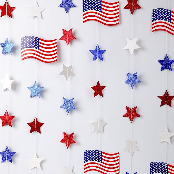 MARFOREVER 4th of July Decorations, 41Ft 5 Pcs Red White and Blue Decorations Pre-Strung Patriotic Star Garland Banner for American Independence Labor Veterans Memorial Day Party Decorations Supplies